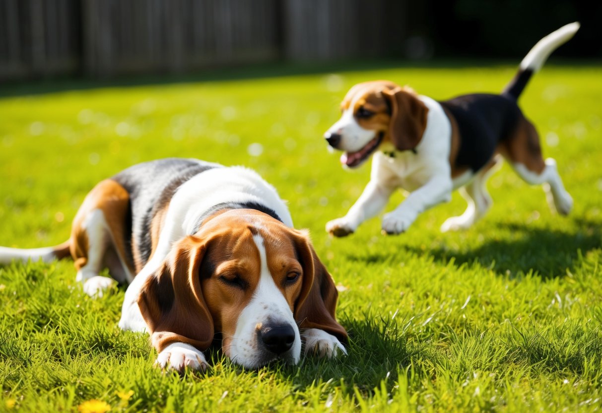 A beagle lounges in a sunlit patch of grass, eyes closed and ears perked, while another beagle bounds playfully through the yard