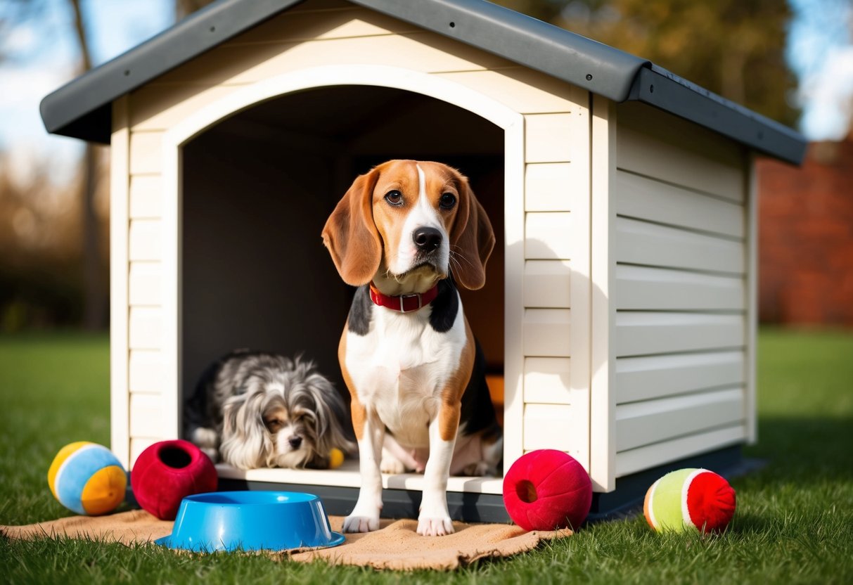 A Beagle sits outside a cozy dog house, surrounded by toys and a water bowl. The sun is shining, and the dog looks content and relaxed