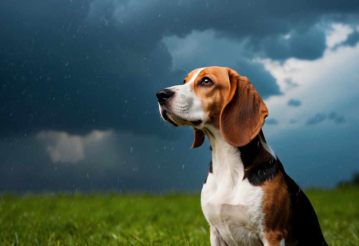 A beagle sits outside in the rain, looking up at the stormy sky with a concerned expression