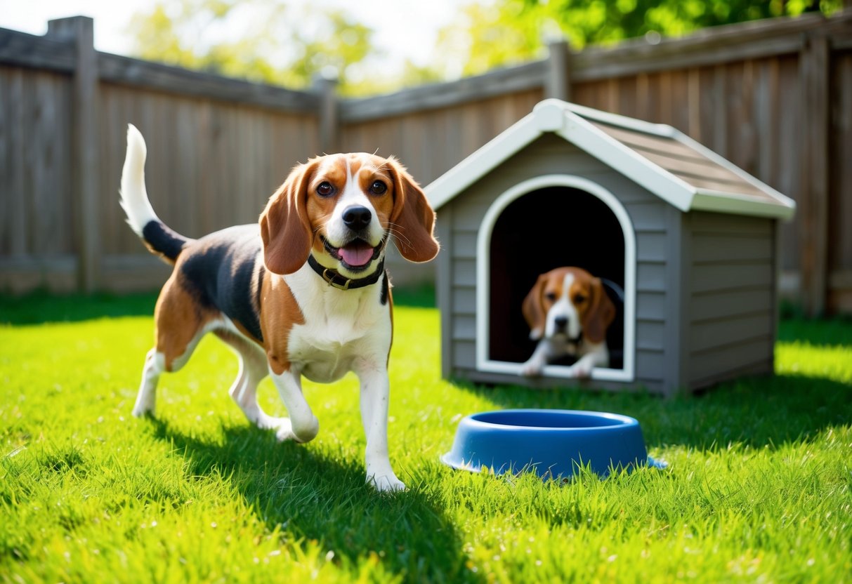 A beagle happily plays in a fenced yard, with a cozy dog house and water bowl nearby. The sun is shining, and the grass is green