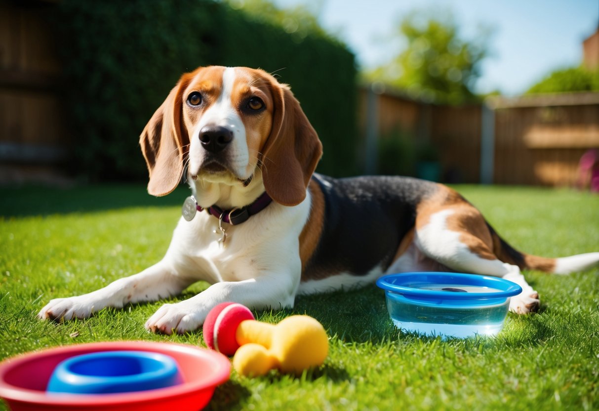 A Beagle lounges in a sunny backyard, surrounded by toys and a water bowl. The dog looks content, with a wagging tail and bright eyes
