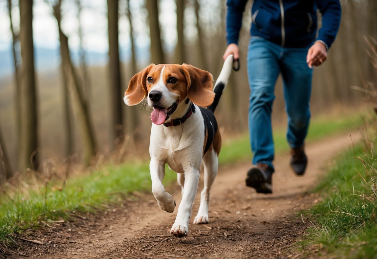 A beagle runs alongside its owner on a forest trail, tongue lolling, ears flapping in the wind