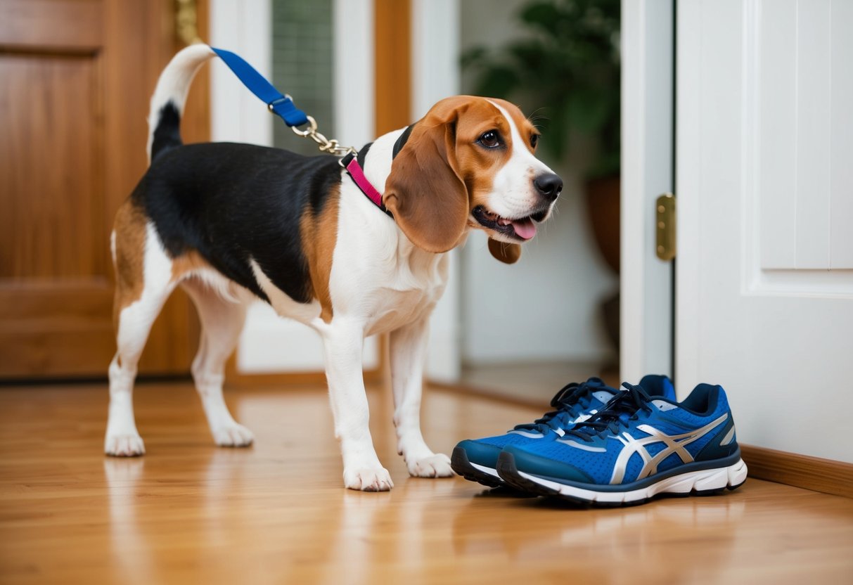 A beagle stands eagerly by a leash, tail wagging, as a pair of running shoes sits ready by the door
