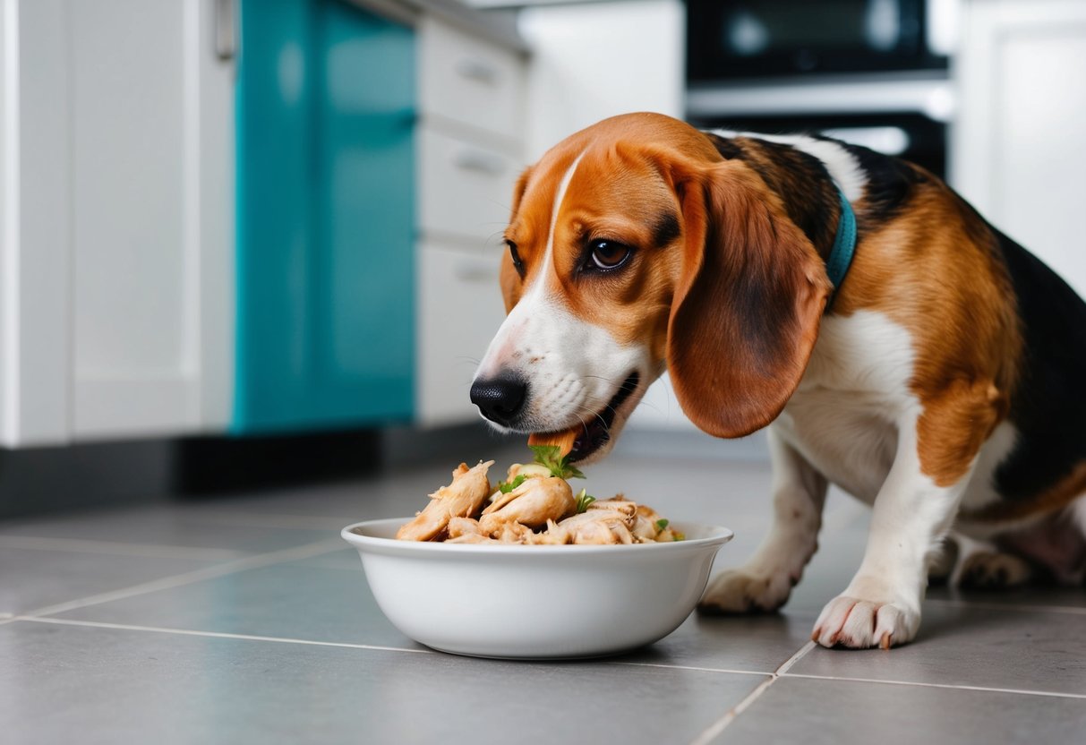 A beagle eagerly eats cooked chicken from a bowl on a kitchen floor