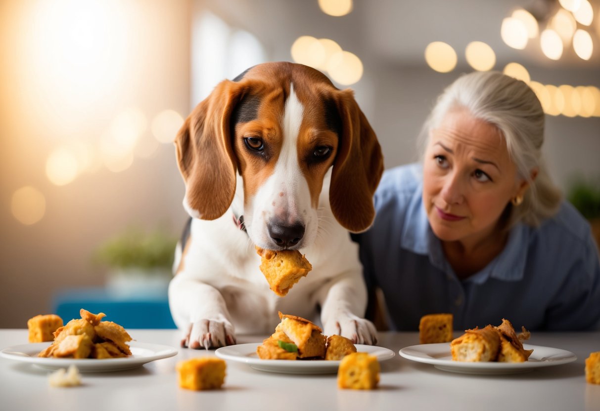 A beagle eagerly eating small portions of cooked chicken, with a concerned owner nearby monitoring the frequency of the treats
