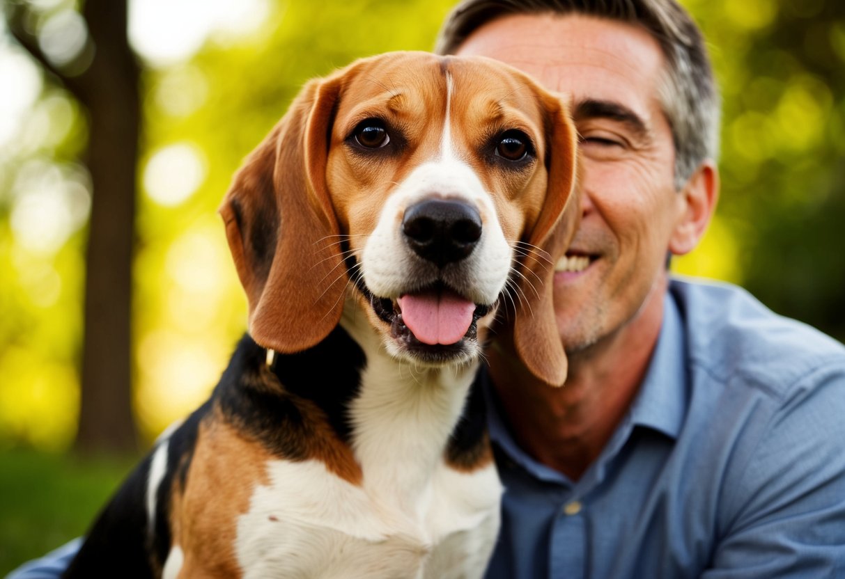 A beagle nuzzles its owner's cheek, wagging its tail and licking their face with affection