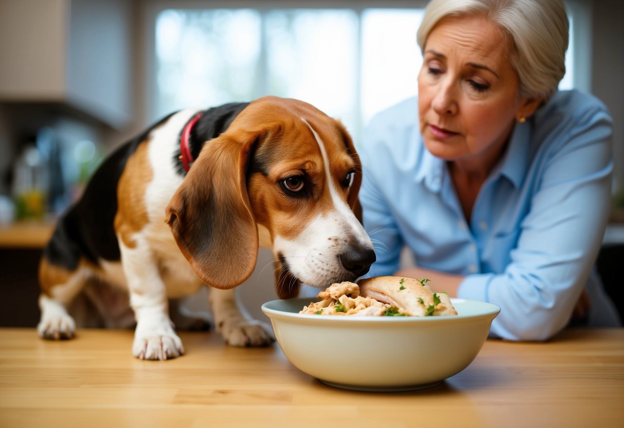 A beagle eagerly sniffs a bowl of cooked chicken, while a concerned owner looks on, weighing the risks and considerations of feeding it to their pet