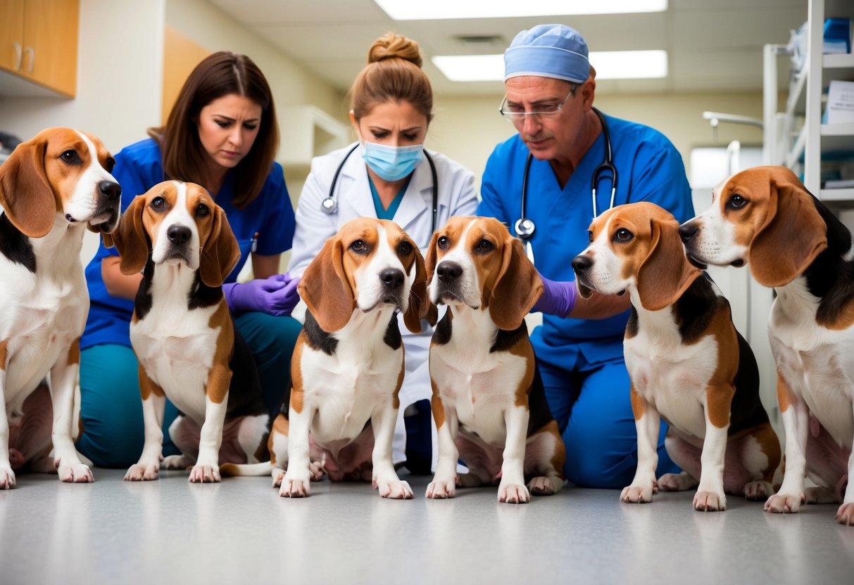 A group of beagles gather in a veterinary clinic, some showing signs of illness. A veterinarian examines them while others wait nervously