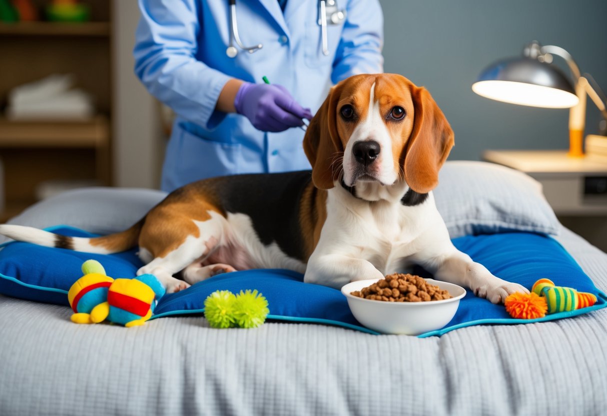 A beagle lounging on a cozy bed, surrounded by toys and a bowl of healthy food, while a veterinarian administers a routine check-up