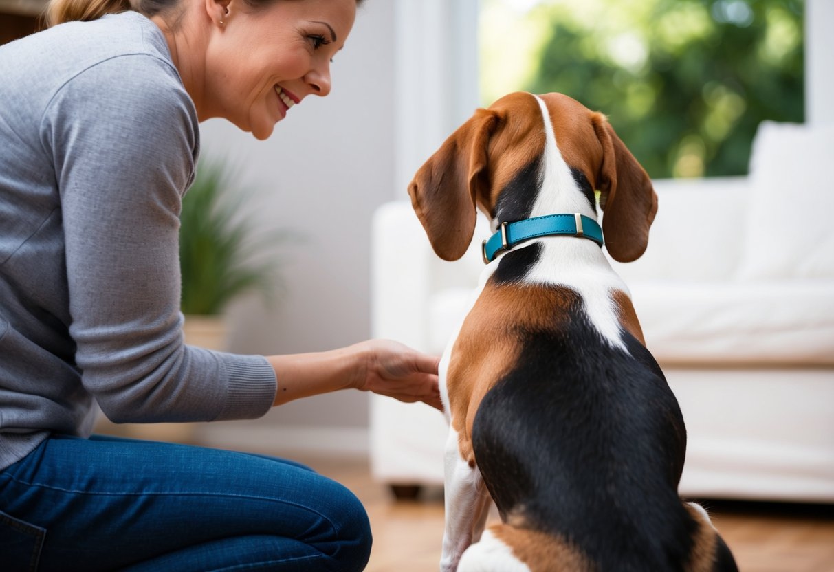 A beagle sits with its back turned to its owner, who is trying to get its attention. The owner's body language is open and inviting, while the beagle's ears are flat and its tail is low, indicating disinterest