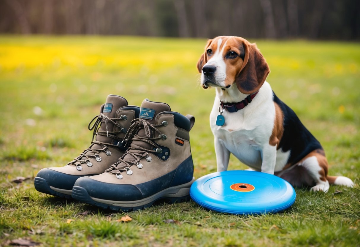 A beagle sitting next to a pair of worn-out hiking boots, a frisbee lying nearby