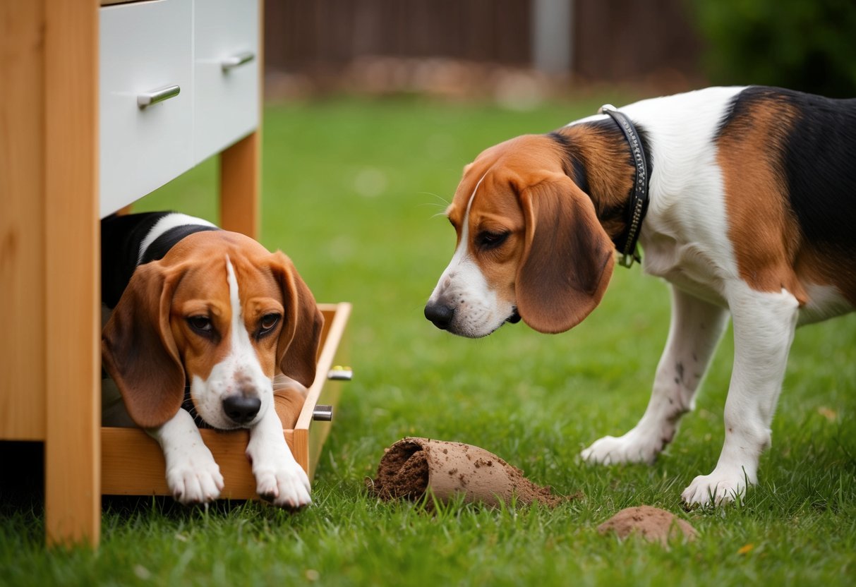 A beagle is chewing on furniture, while another is digging in the yard. Both exhibit signs of separation anxiety