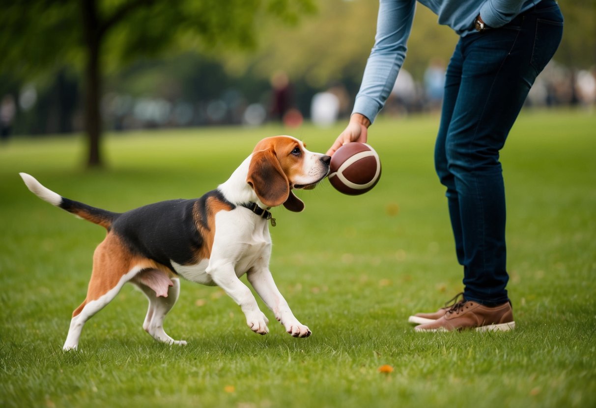A person playing fetch with a Beagle in a grassy park