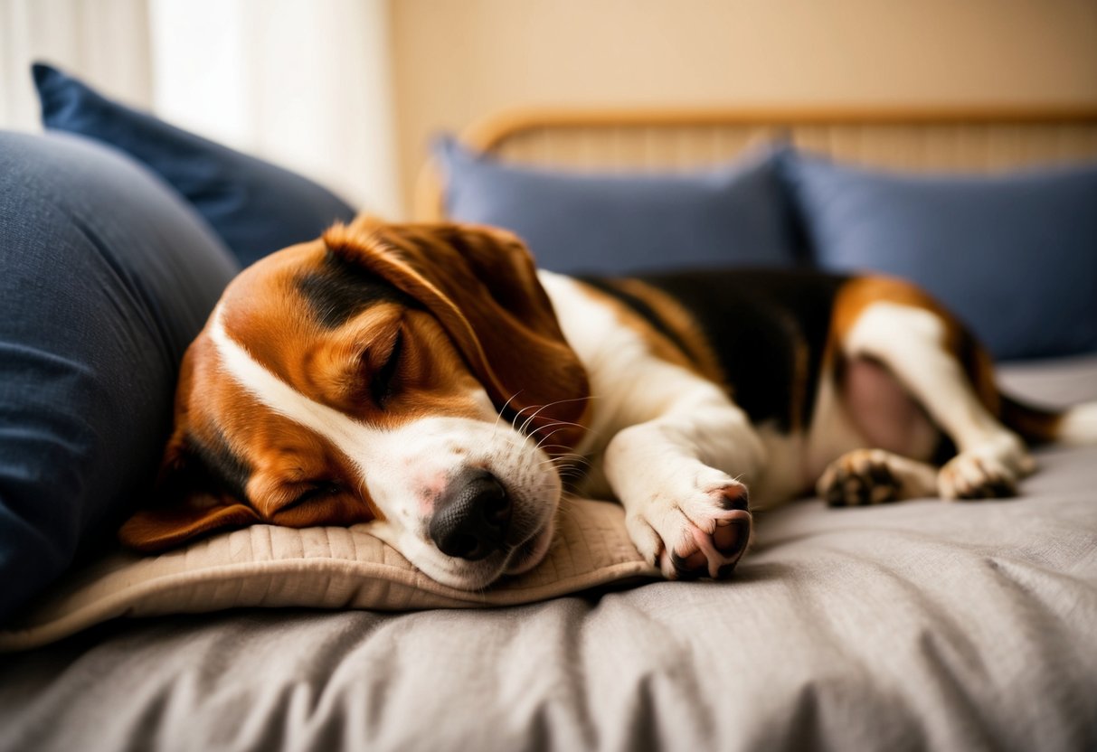 A beagle sleeps peacefully on a cozy bed next to its owner, curled up and snuggled close for comfort and companionship