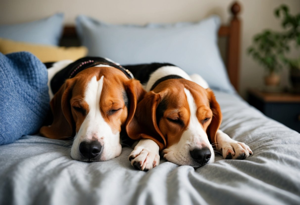 A cozy beagle snuggles up next to its owner in bed, both peacefully asleep, illustrating the benefits of sleeping together