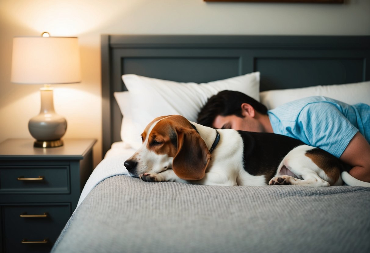 A cozy bedroom with a beagle curled up next to a sleeping person on a comfortable bed, with a nightstand and a soft lamp nearby