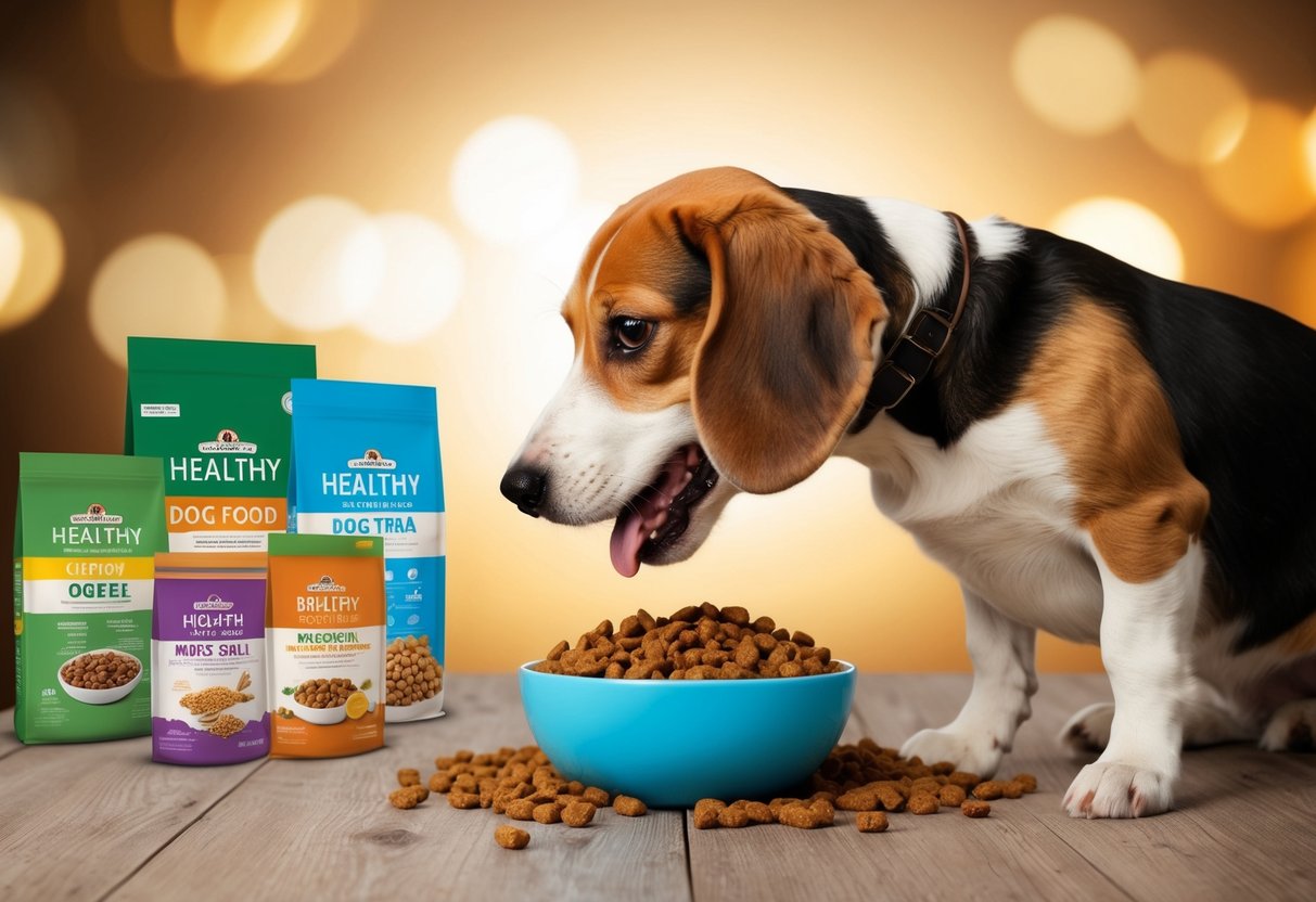 A beagle eagerly eats a bowl of kibble, wagging its tail. A variety of healthy dog food options are displayed nearby