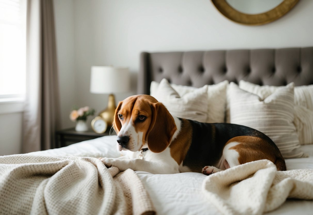 A cozy bedroom with a beagle curled up next to a person on a comfortable bed, surrounded by pillows and blankets