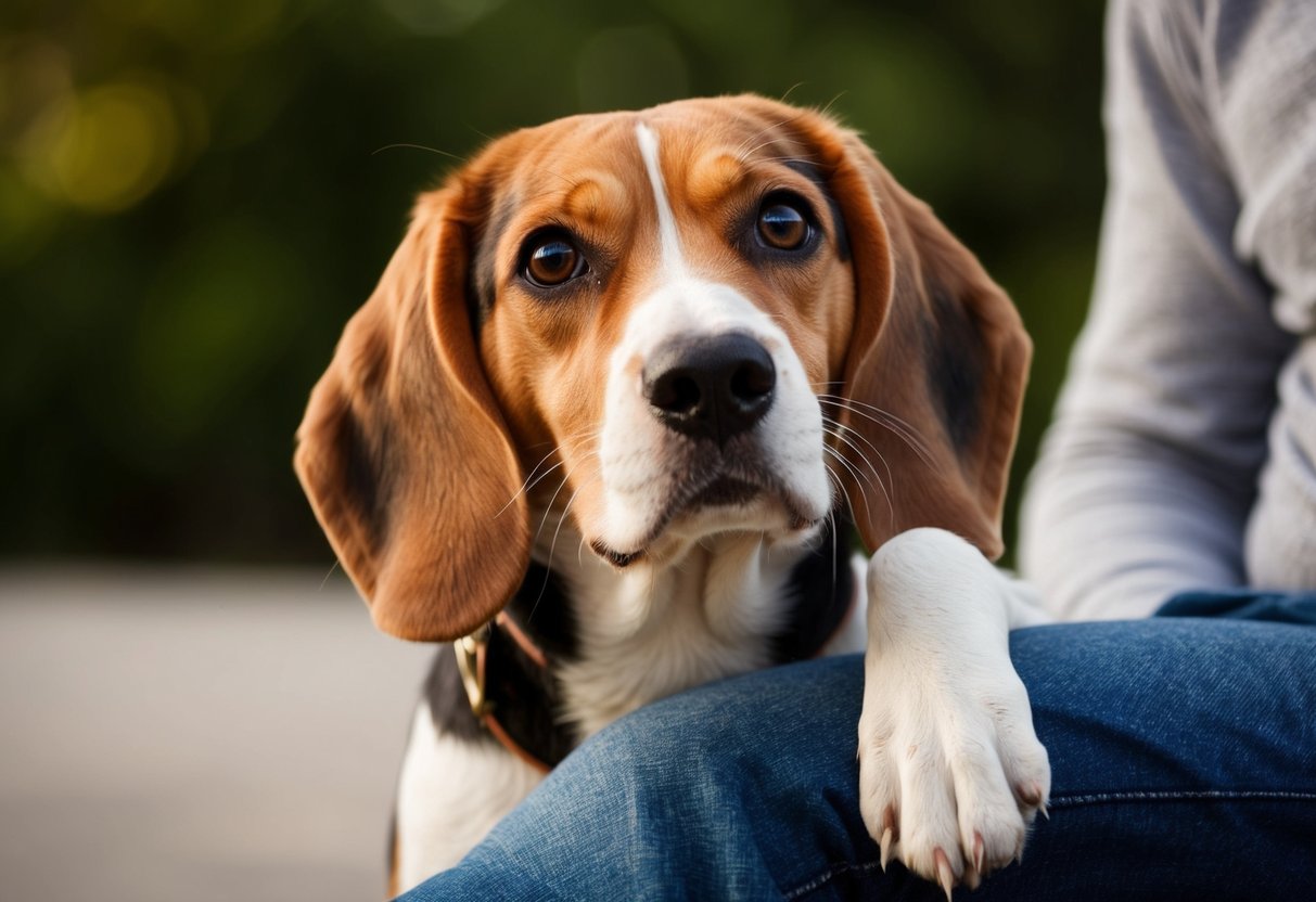 A beagle with one paw on a person's leg, looking up with a curious and affectionate expression