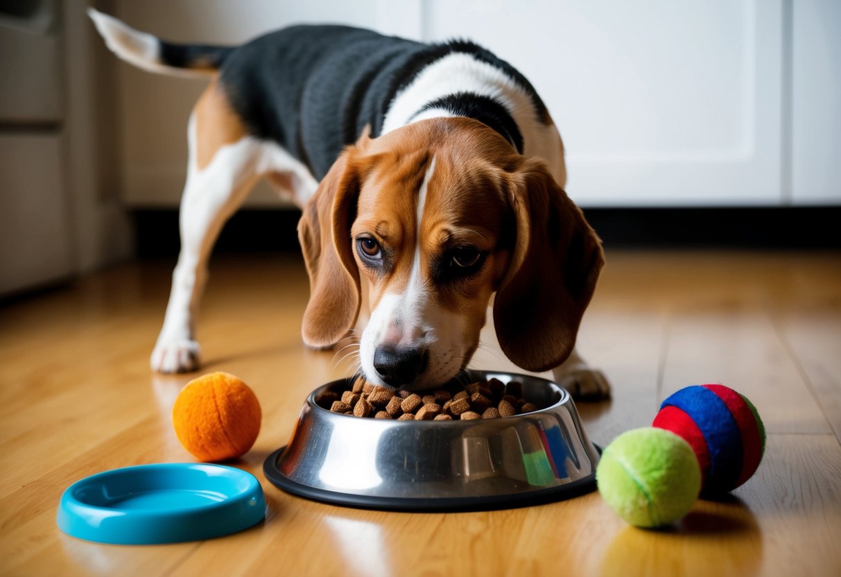 A beagle eagerly eats a bowl of balanced dog food surrounded by toys and a water dish