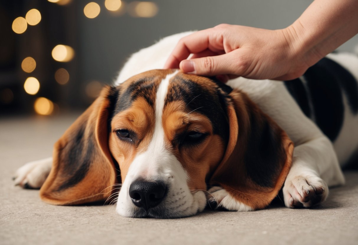 A beagle lying on its side, its eyes closed in contentment as a hand gently strokes its soft ears