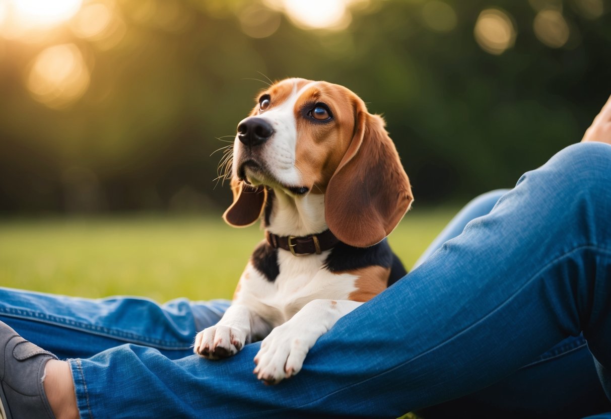 A beagle sitting with one paw resting on a person's leg, looking up with a curious expression