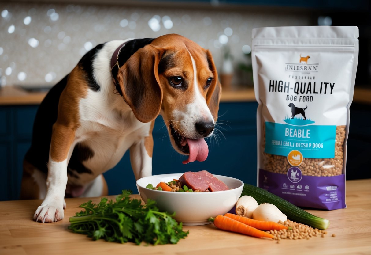 A beagle eagerly eats a bowl of balanced diet with fresh meat, vegetables, and grains, while a bag of high-quality dog food sits nearby