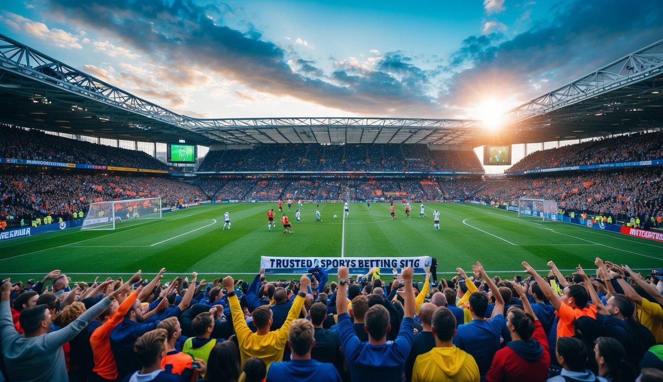 Sebuah stadion sepak bola yang ramai dengan penggemar yang bersorak, spanduk berwarna-warni, dan pemain di lapangan, mewakili kegembiraan dari situs taruhan olahraga yang terpercaya