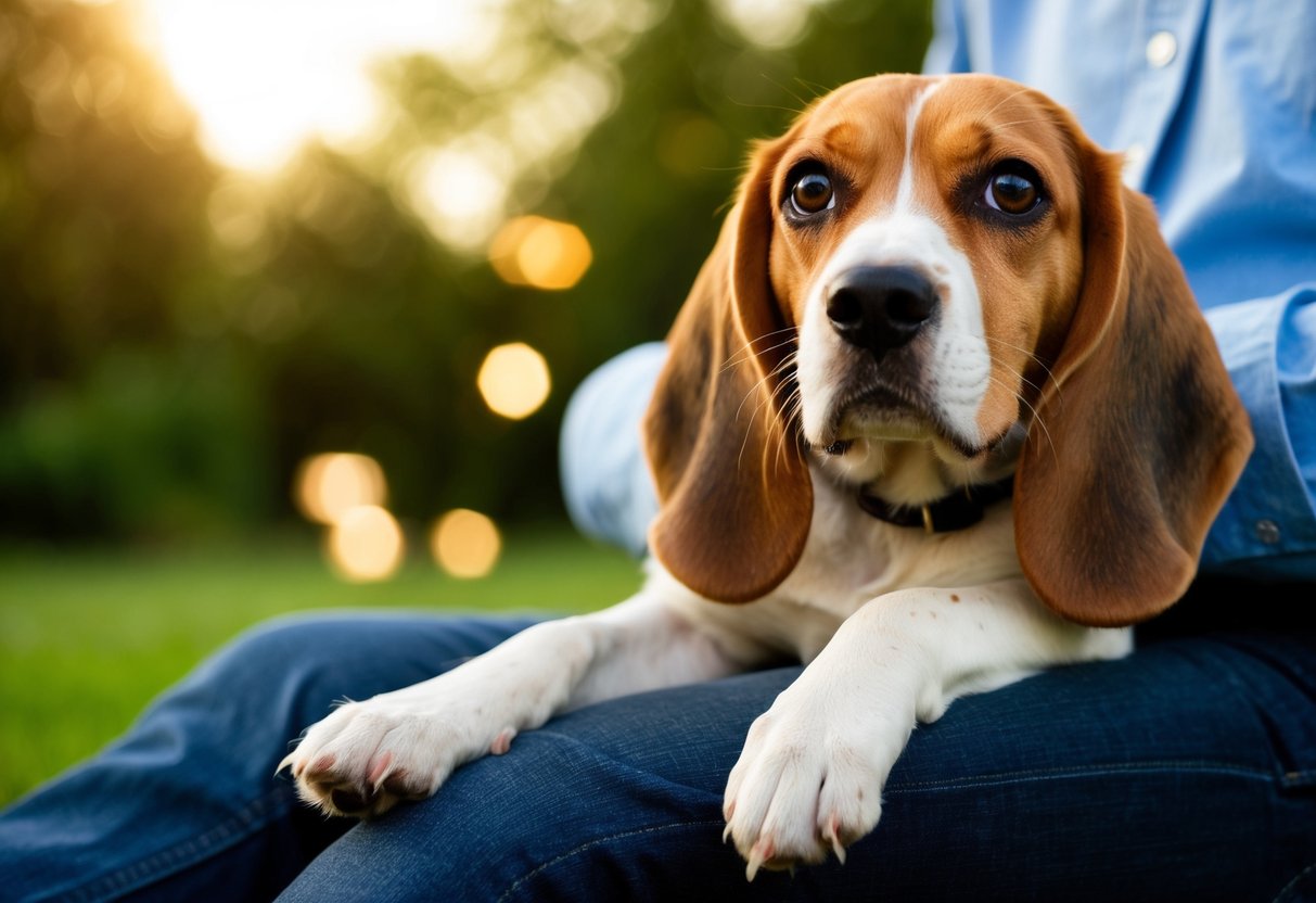 A beagle sits with its paw resting gently on a person's leg, looking up with eager eyes