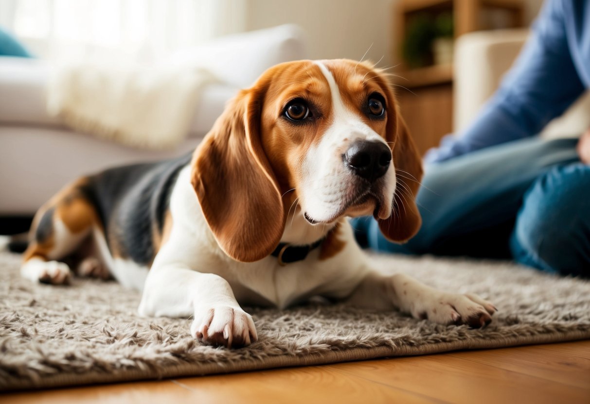 A beagle lying on a cozy rug, gazing up at its owner with a forgiving and understanding expression in its eyes