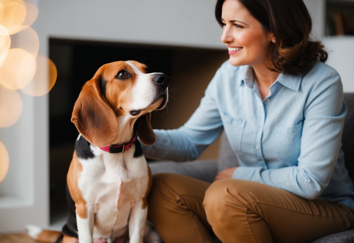 A beagle sits with a tilted head and wagging tail, looking up at its owner with a forgiving and understanding expression