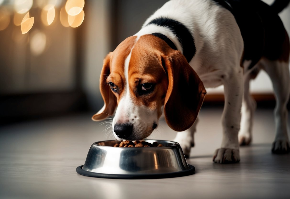A beagle eagerly sniffs around an empty food bowl, with a pleading look in their eyes