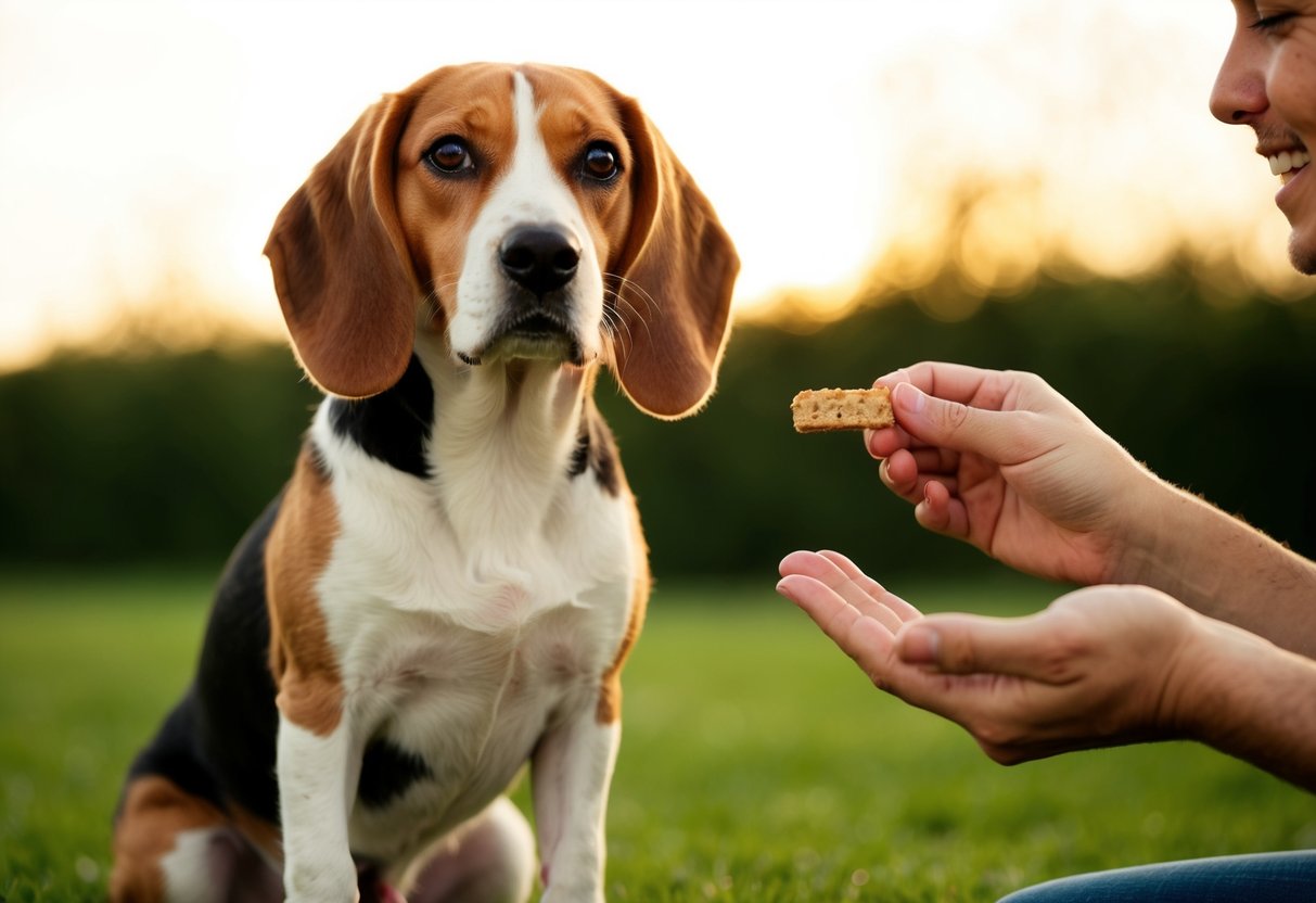 A beagle eagerly sits, ears perked, as its owner rewards it with a treat for successfully following a command