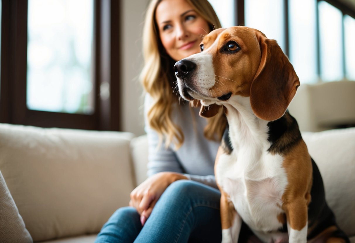 A beagle sitting calmly, gazing up at its owner with a relaxed and trusting expression, tail wagging gently