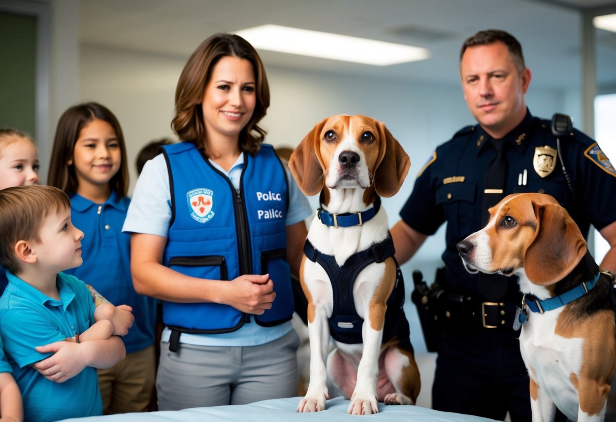 A beagle stands proudly in a therapy dog vest, comforting a group of children in a hospital. Another beagle sits attentively next to a police officer, ready to assist in search and rescue operations