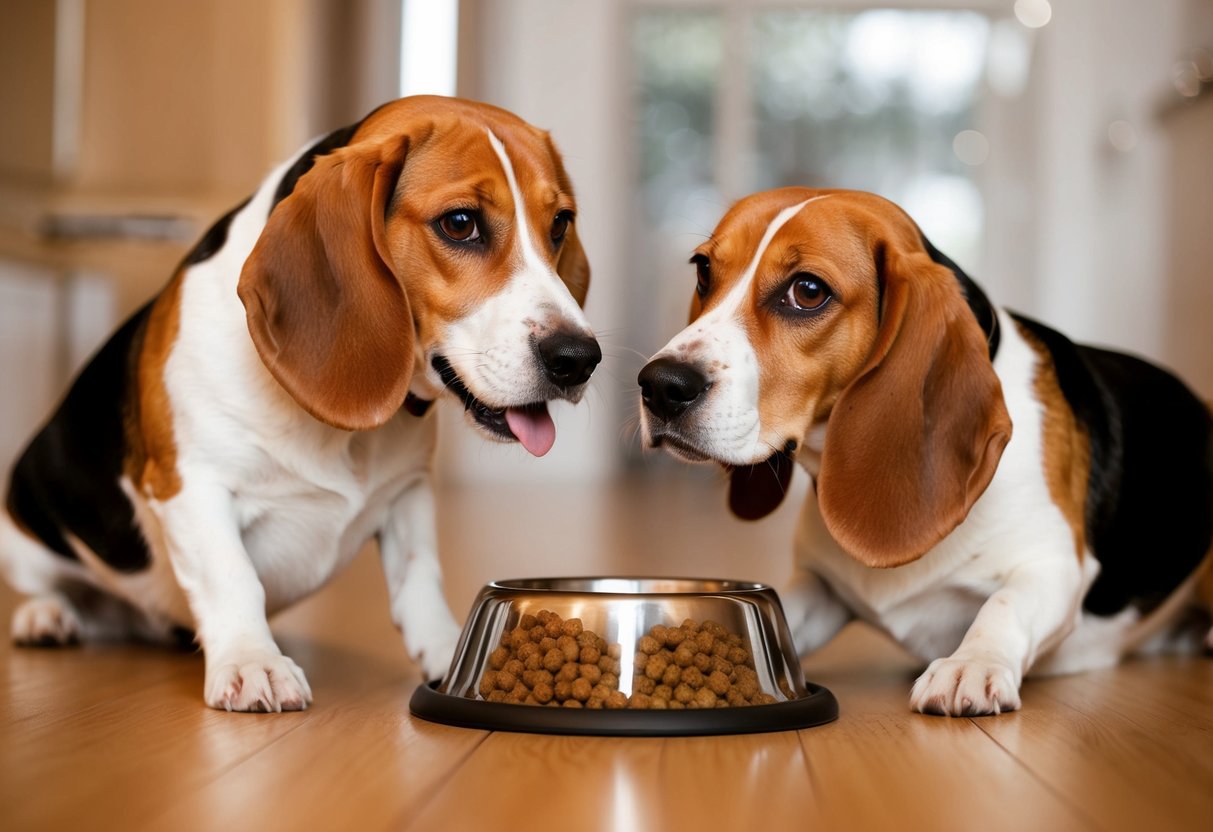 A beagle eagerly eyes a full food bowl, wagging its tail