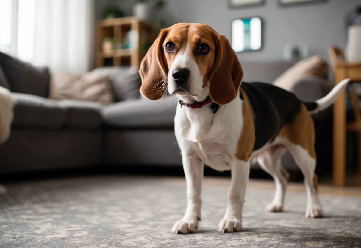 A beagle paces nervously in a cluttered living room, ears drooping and tail tucked between its legs. Its eyes dart around anxiously as it whines softly