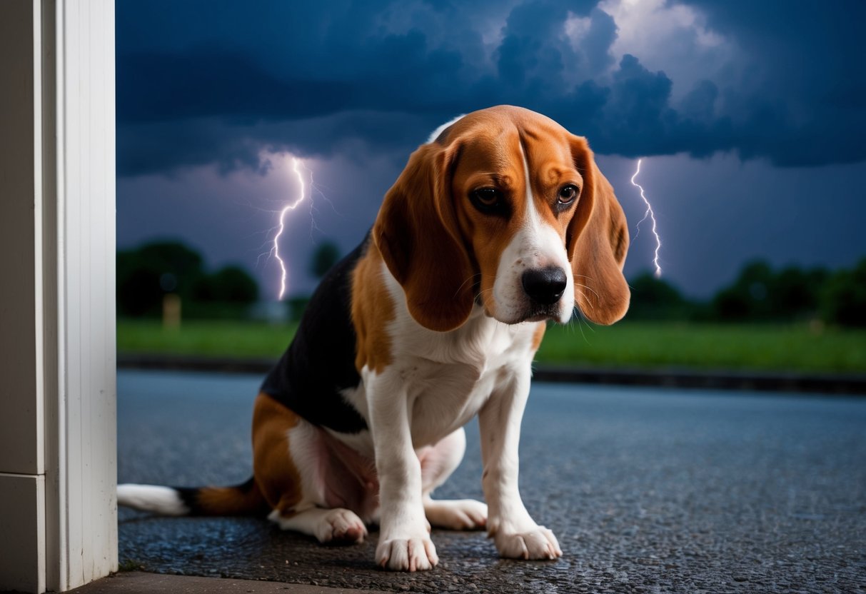 A beagle cowers in a corner, ears drooping and tail tucked, as thunder rumbles outside