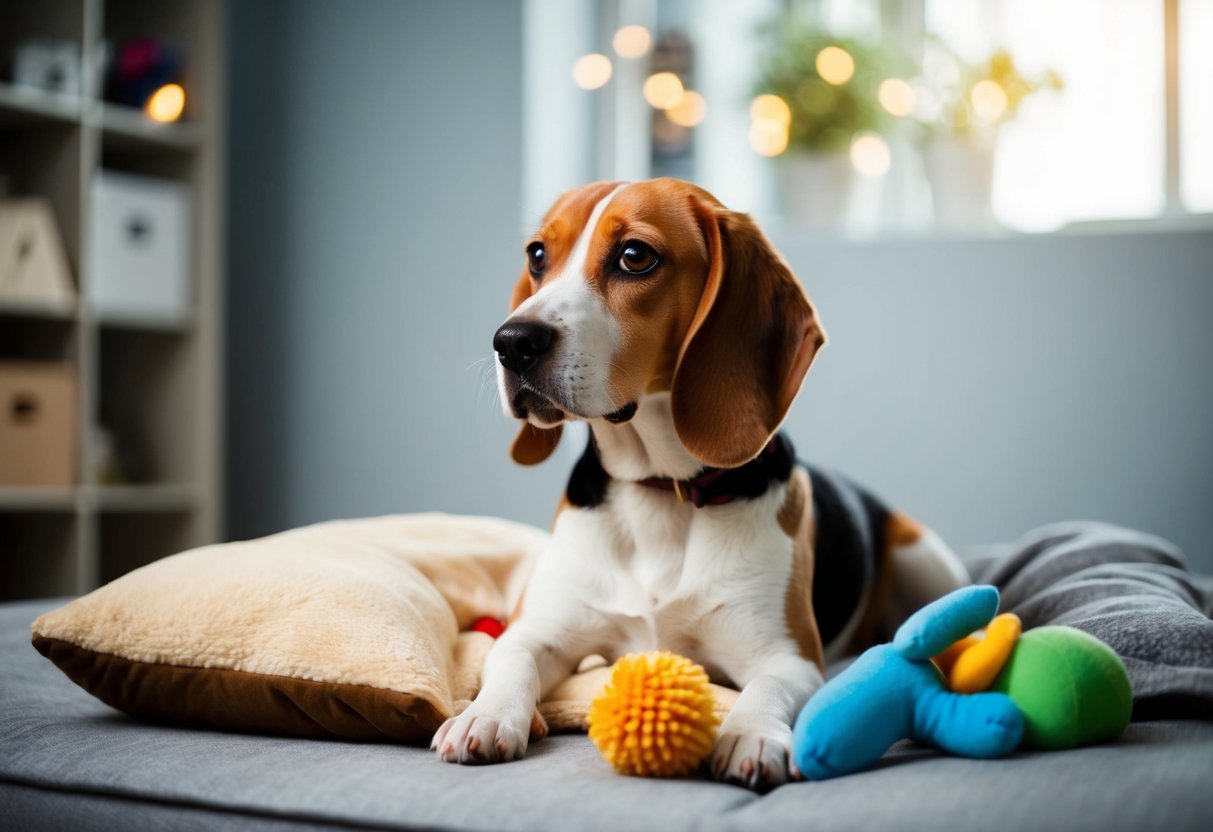 A beagle sitting alone, looking anxious with a worried expression, while surrounded by comforting toys and a cozy bed