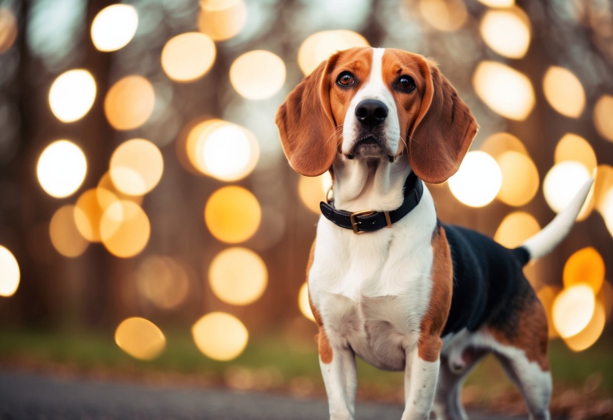 A beagle refusing to obey commands, standing with ears back and a determined expression