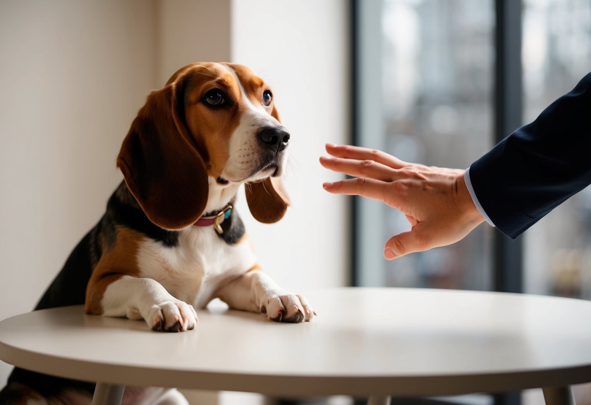 A beagle sits by a table, looking up with hopeful eyes. A person's hand is seen pushing the dog away