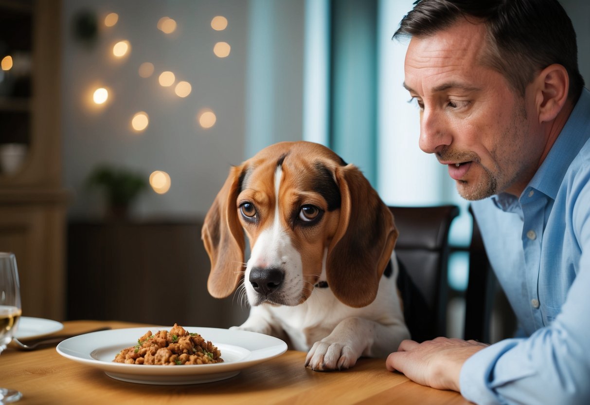 A beagle sits at the dinner table, pleading eyes fixed on a plate of food. The owner looks exasperated, trying to resist the puppy dog eyes