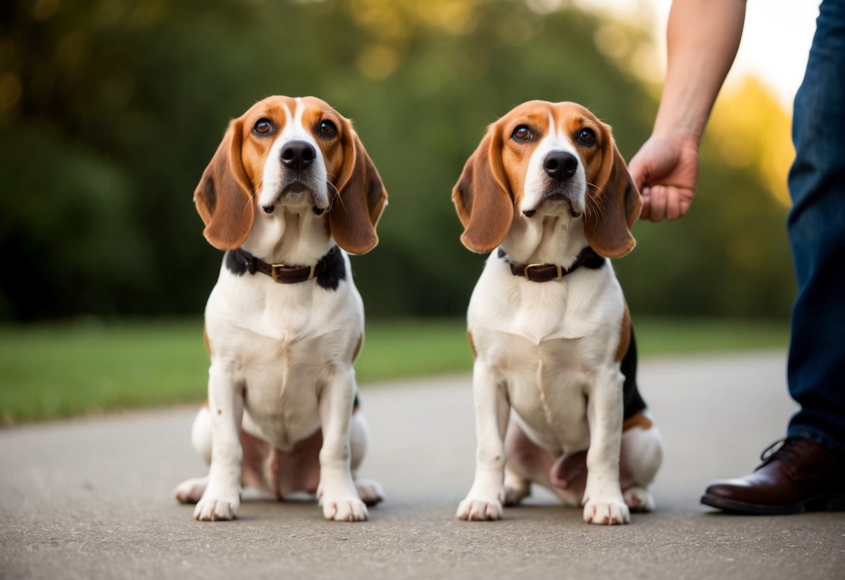 Two beagles stubbornly refuse to obey commands, ignoring their owner's pleas for attention