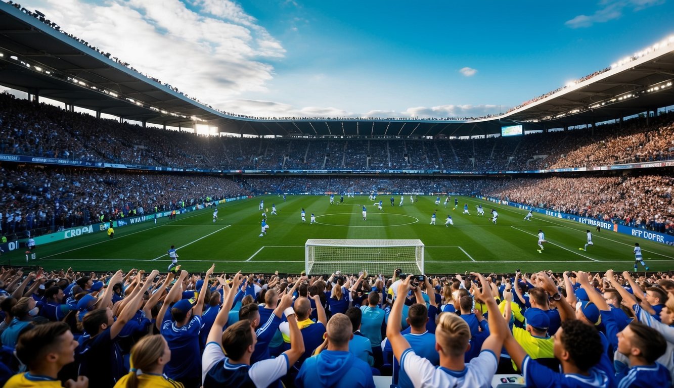 Sebuah stadion yang ramai dengan lapangan sepak bola, dipenuhi dengan para penggemar yang bersorak dan pemain yang sedang beraksi