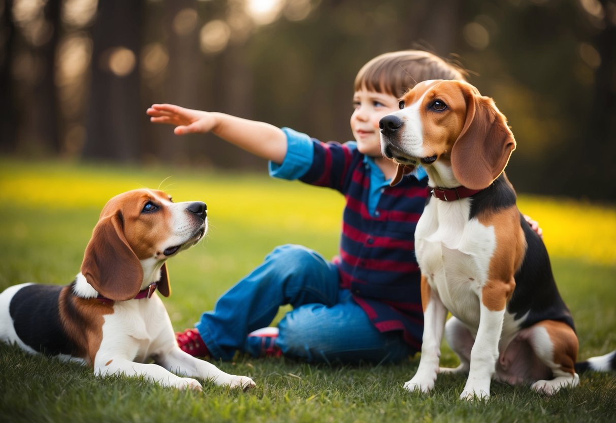 A beagle sits calmly beside a child, wagging its tail and looking up with a friendly expression