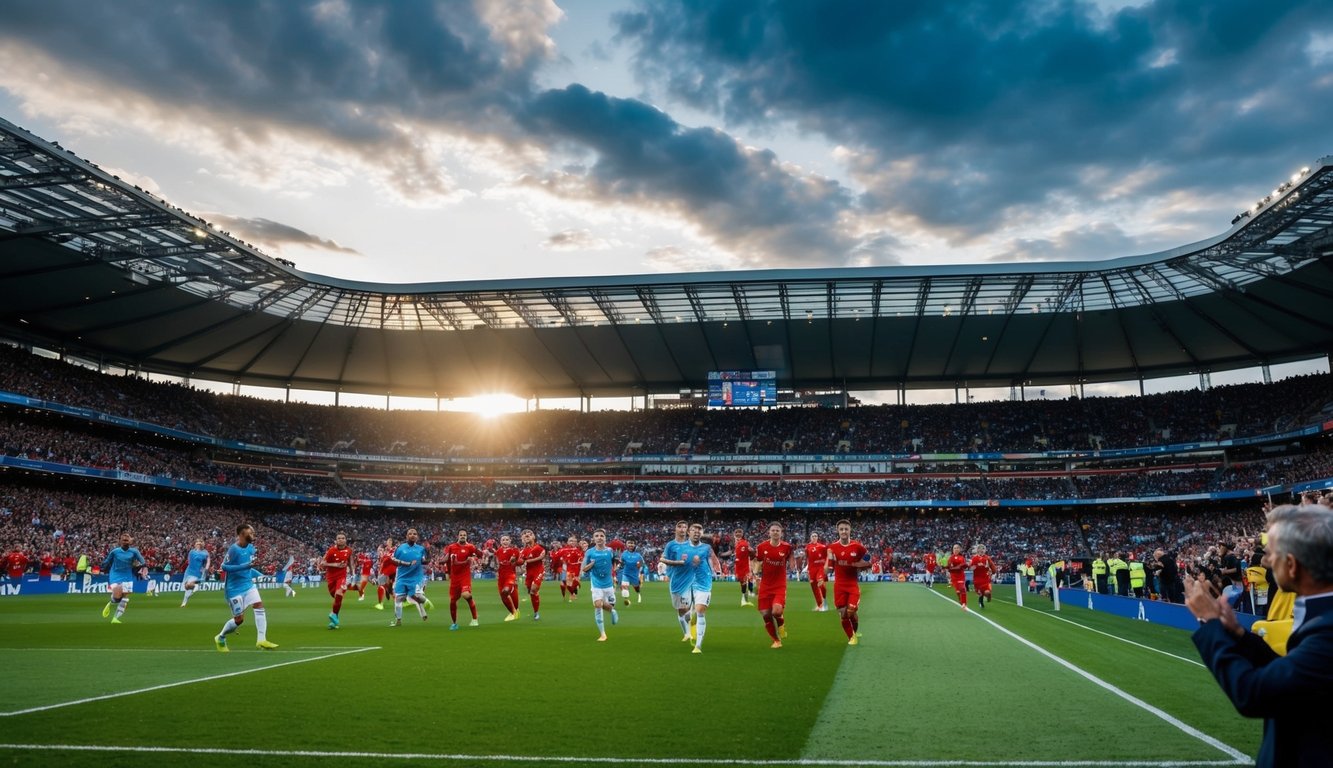 Sebuah stadion sepak bola yang ramai dengan penggemar yang bersorak dan pemain di lapangan