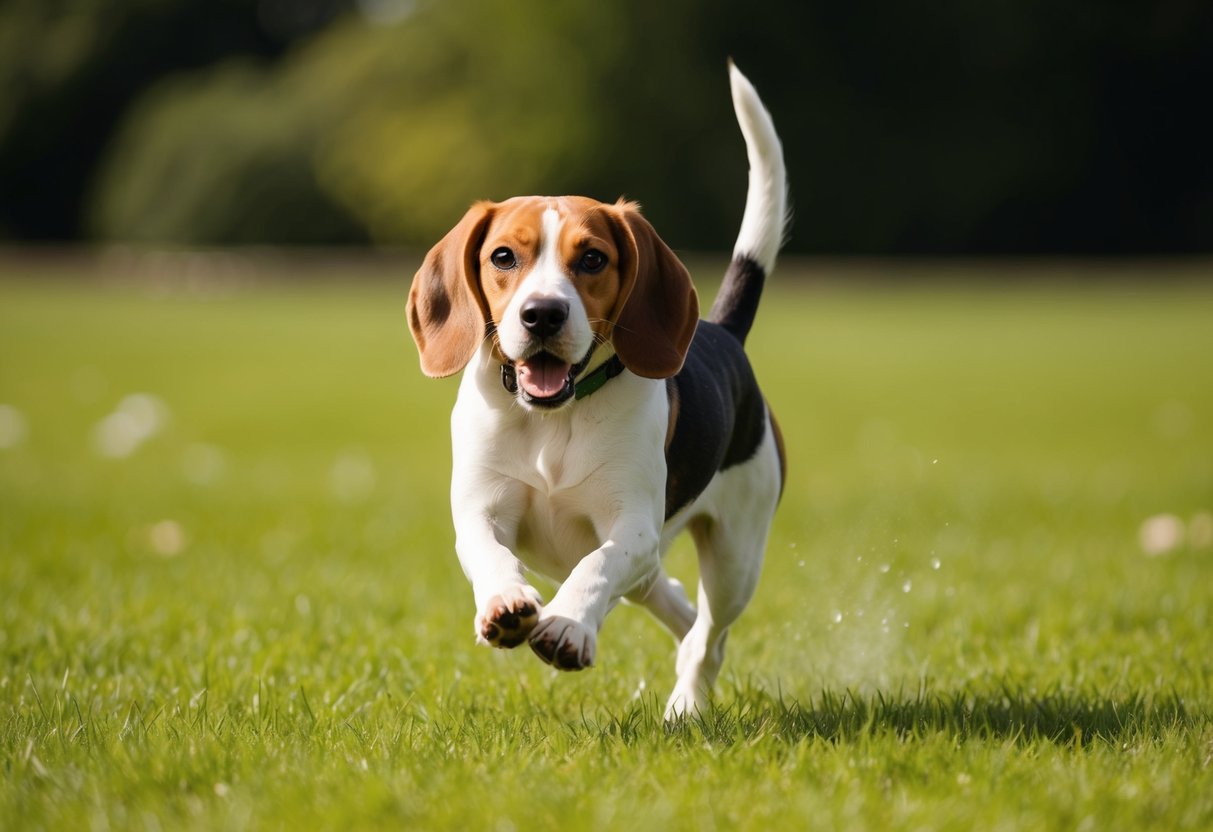 A beagle running through a green field, with a shiny coat and bright eyes, exuding energy and vitality