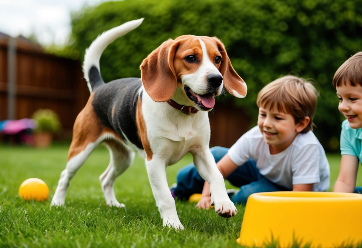 A beagle with floppy ears and a wagging tail, playing happily with children in a grassy backyard