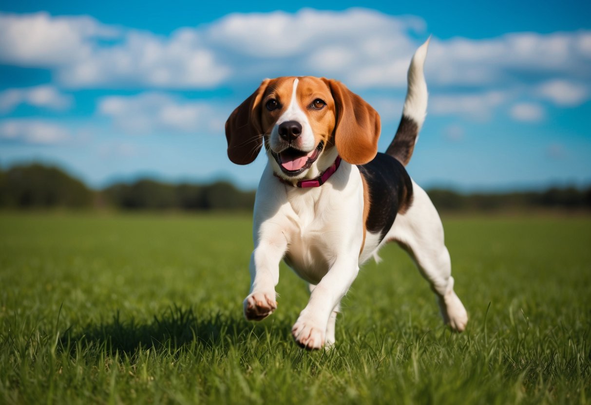 A beagle running through a green field, with a bright blue sky overhead and a happy expression on its face