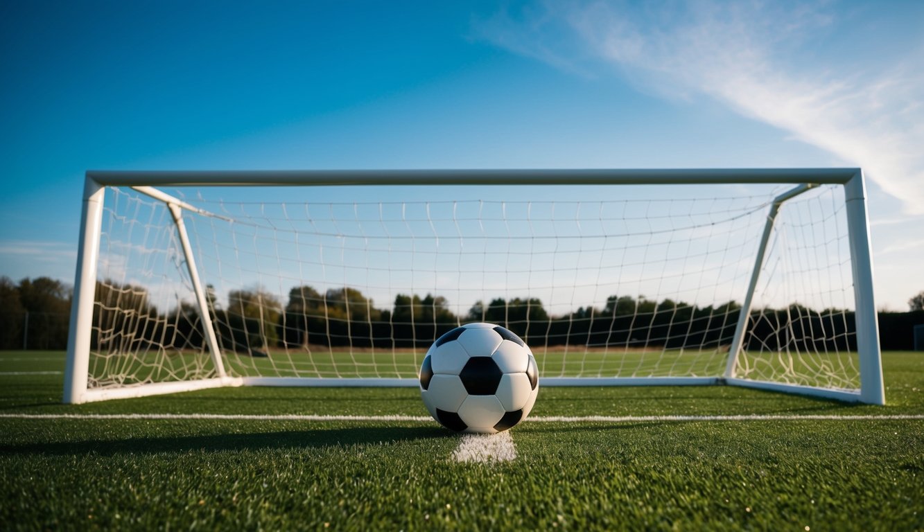 Sebuah bola sepak dan tiang gawang di lapangan hijau di bawah langit biru yang cerah